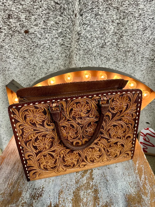 women's tote bag with metallic accents -Dark Brown Tooled Leather Tote with White Stitch