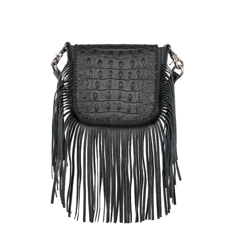 Ladies Crossbody Bag Subtle Patterns -RLC-L173 Montana West Genuine Leather Tooled Collection Fringe Crossbody