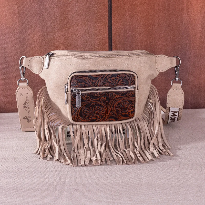 Ladies Crossbody Bag Lightweight Carry -MW1276-194 Montana West Floral Tooled Fringe  Fanny Pack - Tan