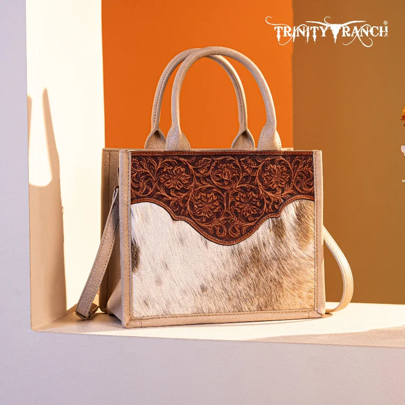 women's handbag with interior multi-pocket design -TR178G-8899   Trinity Ranch Hair On Cowhide Floral Tooled Concealed Carry Tote/Crossbody -Tan