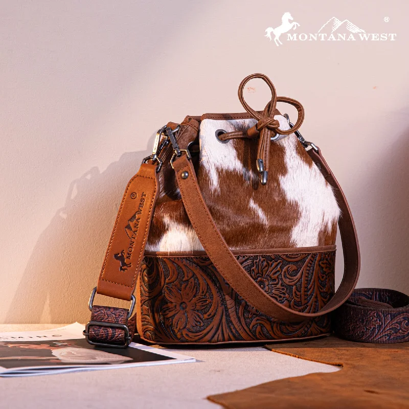 women's bucket bag with premium feel -MW1275-8360 Montana West Cowhide Tooled Bucket Shoulder/Crossbody Bag- Brown