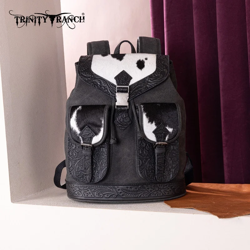 TR185-9110   Trinity Ranch Genuine Hair-On Cowhide Tooled Backpack - Black