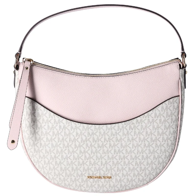 women's dumpling bag with oversized design -MIchael Kors Dover Large Half Moon Shoulder Bag Hobo Vanilla MK Pink