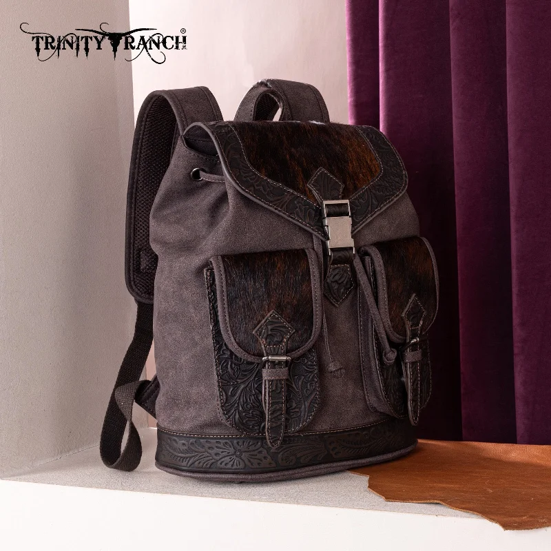 TR185-9110   Trinity Ranch Genuine Hair-On Cowhide Tooled Backpack - Coffee