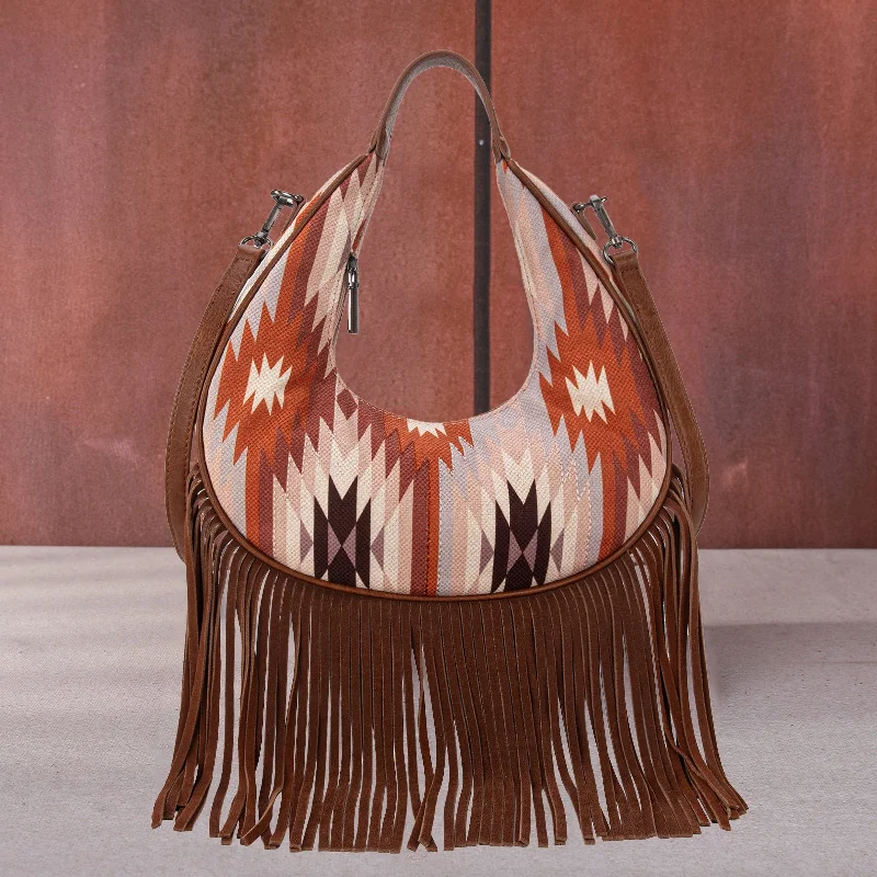 Ladies Crossbody Bag Compact Size -MW1285-8366  Montana West Aztec Fringe Crescent Crossbody Bag - Brown