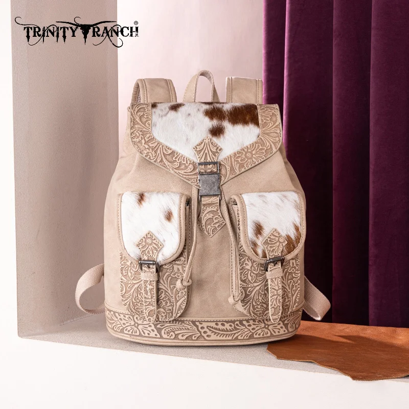 TR185-9110   Trinity Ranch Genuine Hair-On Cowhide Tooled Backpack - Tan