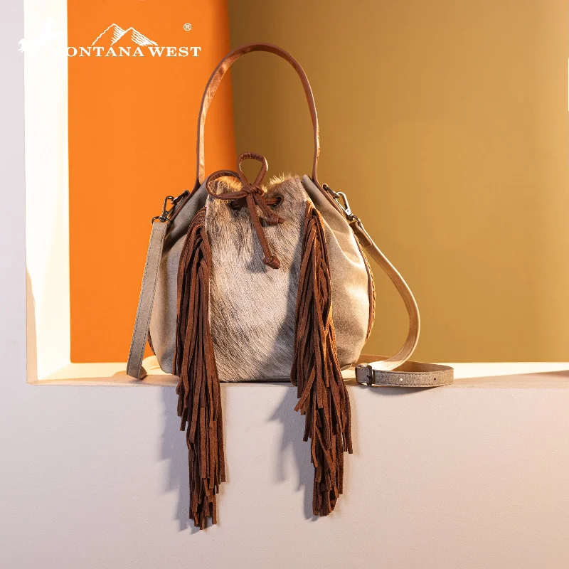 Ladies Crossbody Bag Lightweight Travel -MWF1046-205S Montana West Hair-On Cowhide Drawstring Hobo/Crossbody - Tan