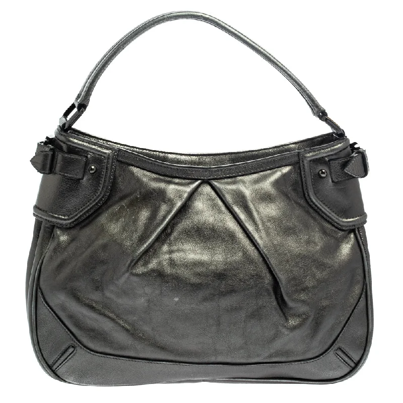 women's dumpling bag with smooth straps -Burberry Metallic Anthracite Leather Fairby Hobo