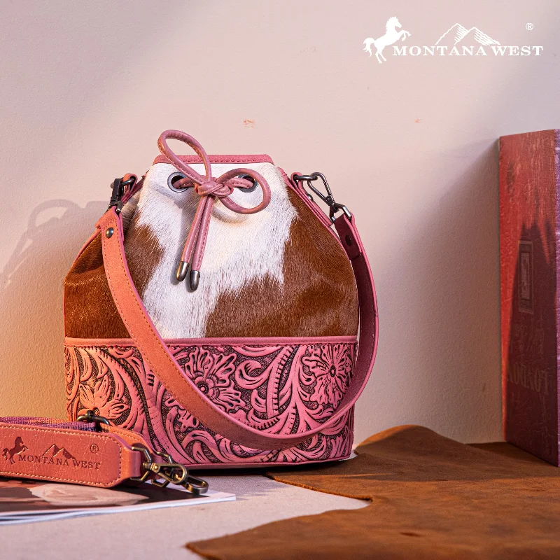 women's bucket bag with simple elegance -MW1275-8360 Montana West Cowhide Tooled Bucket Shoulder/Crossbody Bag-Pink