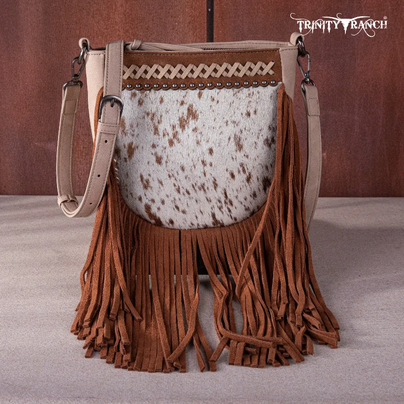 women's handbag with modern charm -TR171-8360  Trinity Ranch Hair-On Cowhide Fringe Crossbody Bag -Tan