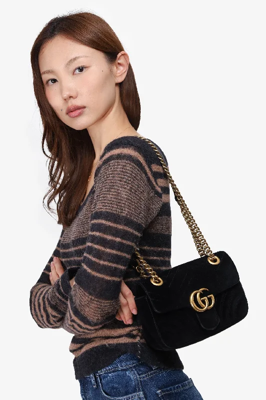 women's handbag with adjustable fit -Gucci Black Velvet Mini 'GG' Marmont Shoulder Bag