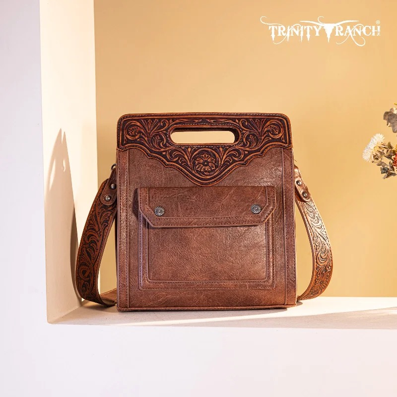 women's handbag with classic flap closure -TR173G-9360  Trinity Ranch Floral Tooled  Concealed Carry Crossbody Bag - Brown