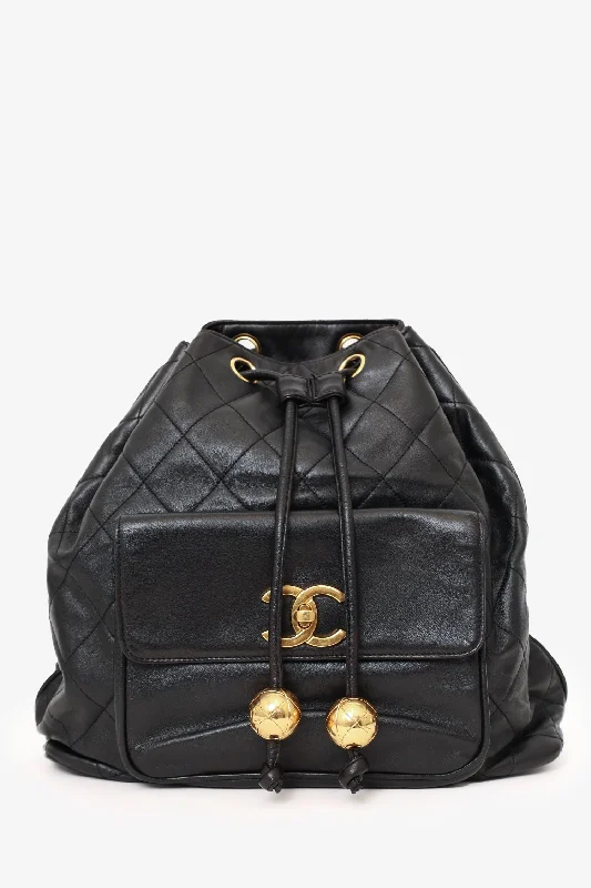 women's handbag with folded leather accent -Pre-Loved Chanel™ Black Quilted Lambskin Drawstring Backpack