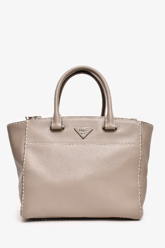 women's handbag with two-way zipper -Prada Grey Leather Contrast Stitch Twin Pocket Tote With Strap