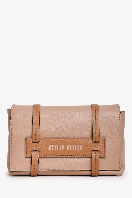 women's handbag with minimalist pocket -Miu Miu Beige/ Brown Leather Grace Lux Messenger Bag With Strap