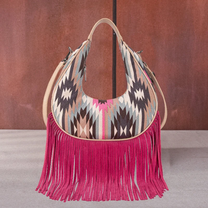 Ladies Crossbody Bag Lightweight Model -MW1285-8366  Montana West Aztec Fringe Crescent Crossbody Bag - Hot Pink