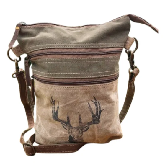 Deer Buck Multiple Zip Compartment Canvas Crossbody Purse Buck Deer Stag Bag