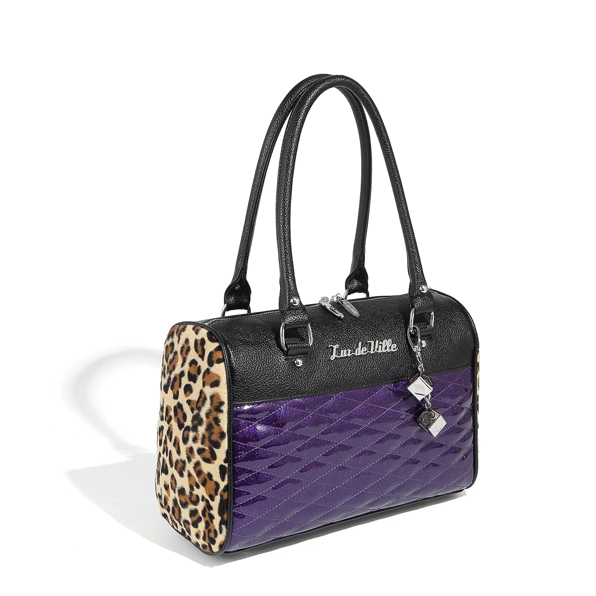 women's tote bag with trendy mixed materials -Purple Sparkle & Leopard Atomic Tote Medium