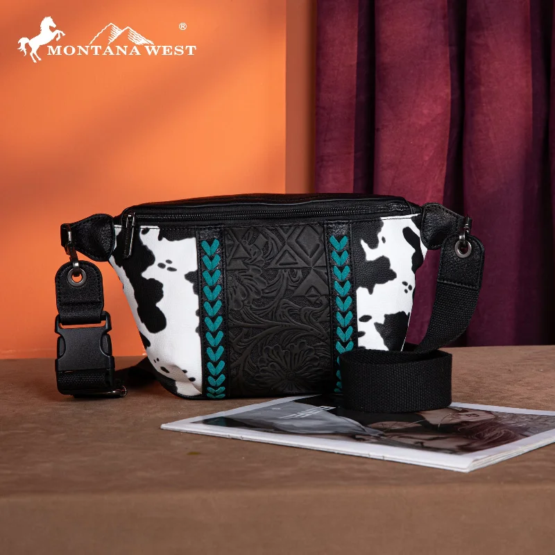 Ladies Crossbody Bag Lightweight Chic -MW1318-194 Montana West Tooled Collection Fanny Pack-  Black