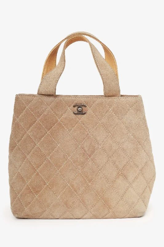 women's handbag with exterior zipped pocket -Pre-Loved Chanel™ 2002-03 Beige Suede Quilted Mini Shopping Tote with Strap