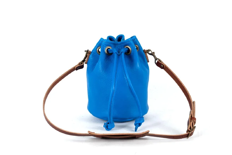 women's bucket bag with minimalist hardware -LEATHER BUCKET BAG - MEDIUM - OCEAN BLUE - IN STOCK