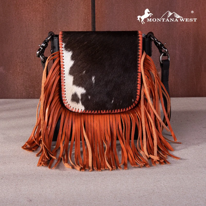 Ladies Crossbody Bag Small Size -RLC-L161 Montana West Genuine Leather Hair-On Collection Fringe Crossbody -Coffee-Orange