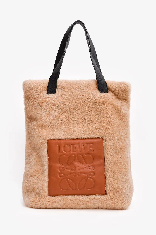 women's handbag with adjustable crossbody strap -Loewe Beige Teddy Brown Leather 'Mouton' Anagram Tote