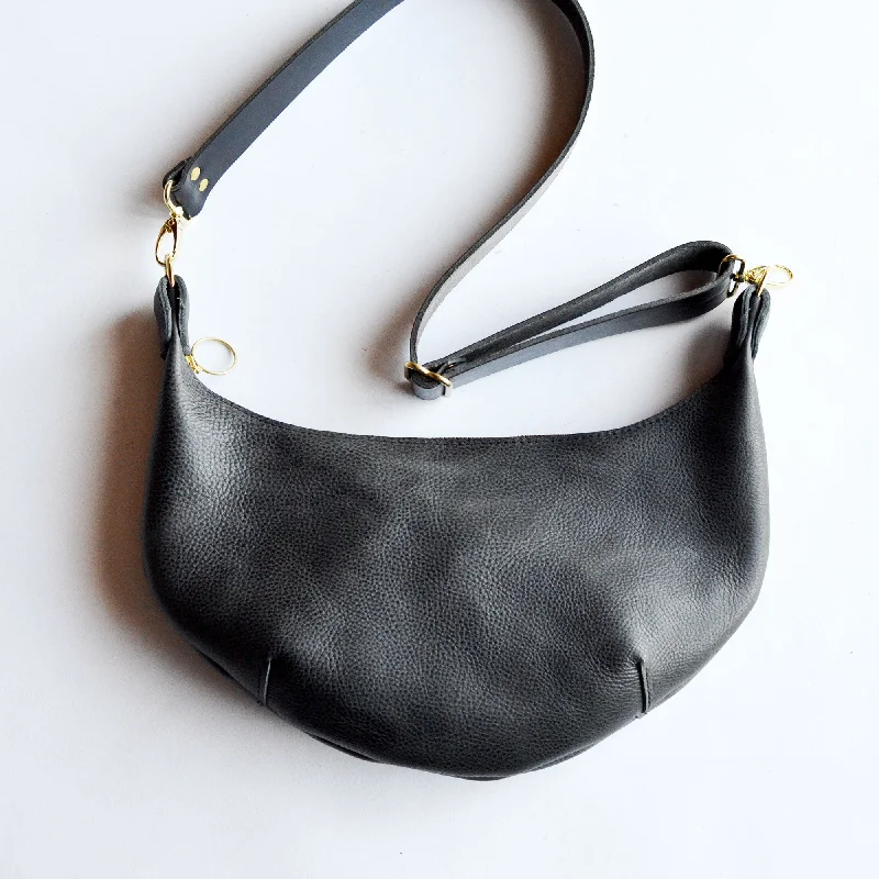 women's dumpling bag for evening wear -Leather HOBO Crossbody Bag - Black Leather