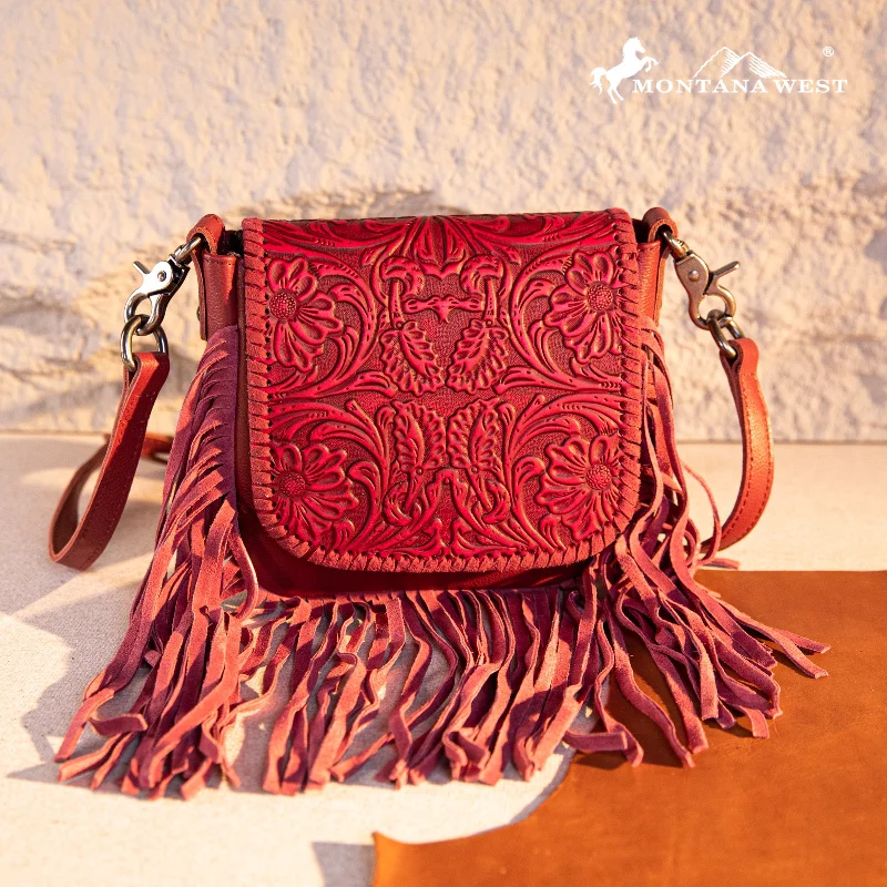 Ladies Crossbody Bag Lightweight Leather -RLC-L187 Montana West Genuine Leather Tooled Fringe Crossbody - Hot Pink