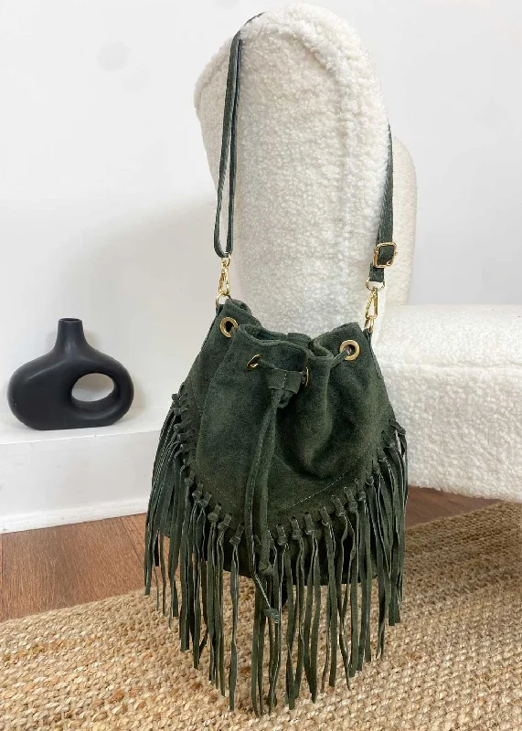 women's bucket bag with soft leather -Dutton Suede Fringe Bucket Bag in Khaki