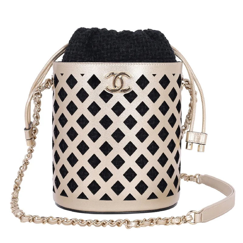 women's bucket bag with metallic accents -Matelasse Bucket Bag Perforated Leather Gold Black