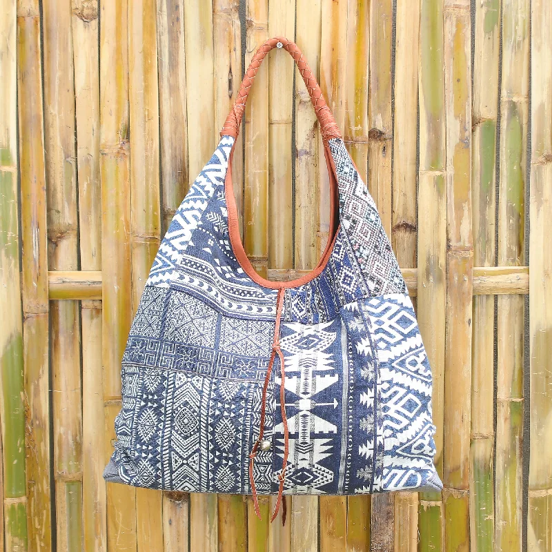 women's dumpling bag with contemporary look -Lapis Geometry Leather Accent Cotton Blend Hobo Bag in Lapis and White