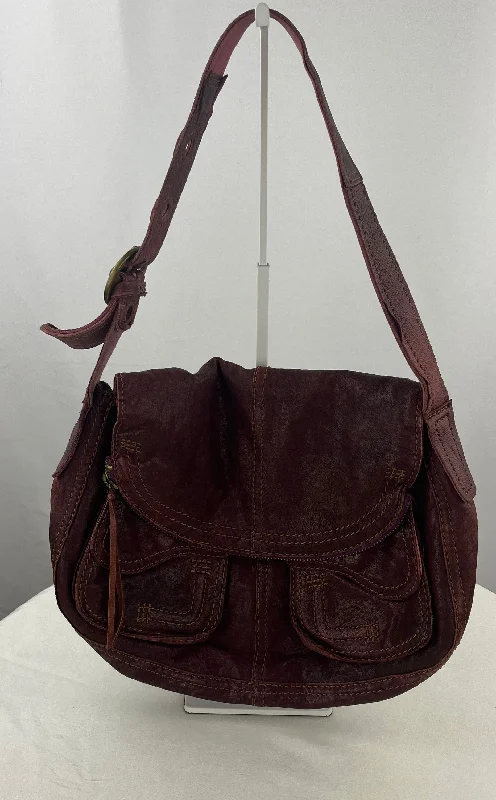 women's dumpling bag with feminine design -Lucky Brand Genuine Italian Leather Maroon Stash Hobo Shoulder Saddle Bag Purse