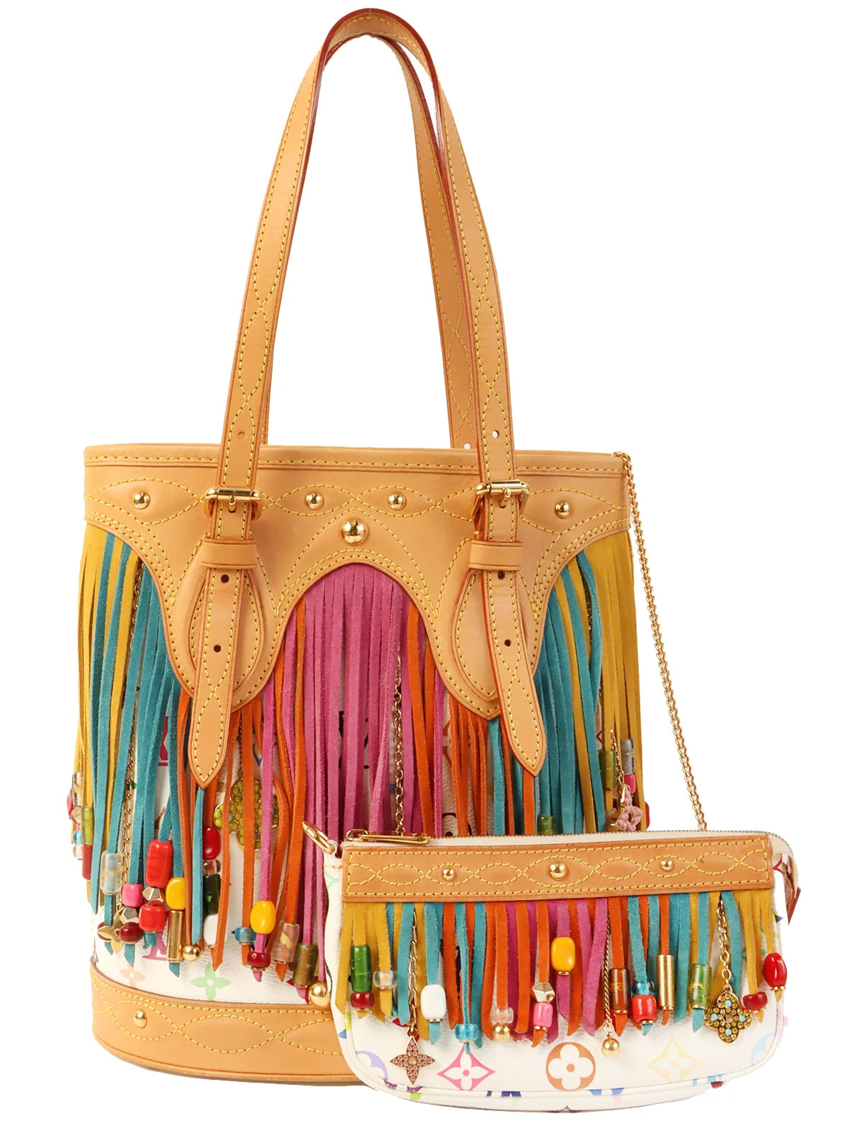 women's bucket bag with polka dots -LOUIS VUITTON 2006 Made Multi Color Monogram Bucket Fringe　Blanc/Multi