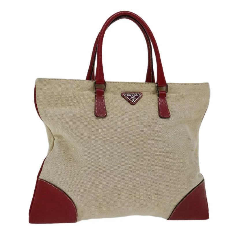 PRADA Hand Bag Canvas Beige Red Auth ar11582B