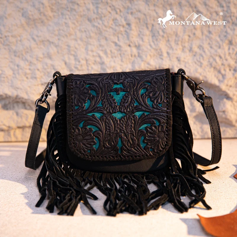 Ladies Crossbody Bag Fall Trends -RLC-L188 Montana West Genuine Leather Tooled Fringe Crossbody