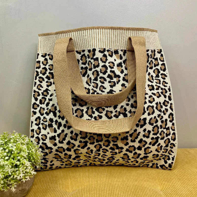 women's tote bag for versatile use -Tote Sweater Bag - Animal Print - Tan