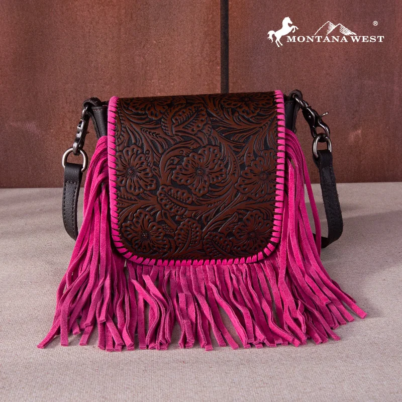 Ladies Crossbody Bag Durable Fabric -RLC-L159 Montana West Genuine Leather Tooled Collection Fringe Crossbody Coffee-Pink