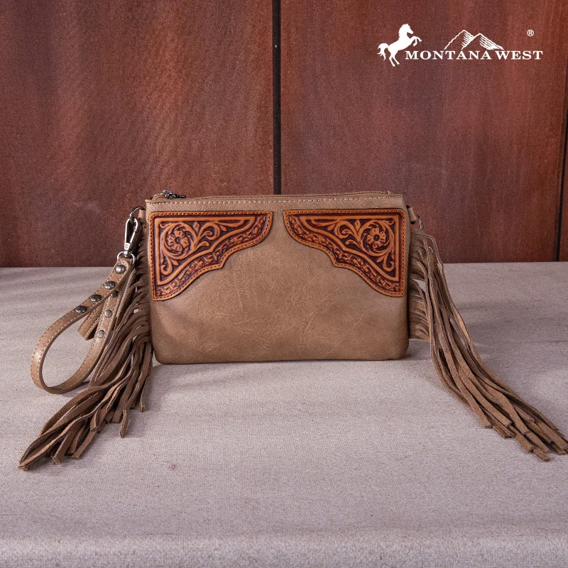 Ladies Crossbody Bag Lightweight Carry -MW1262-181 Montana West Floral Tooled Fringe Wristlet Clutch/Crossbody Bag