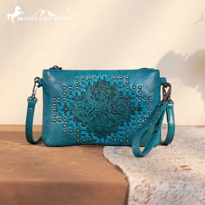 Ladies Crossbody Bag Hybrid Leather -MW1299-181 Montana West Floral Tooled Wristlet Clutch/Crossbody Bag