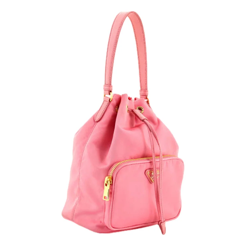 women's bucket bag with sturdy shoulder straps -Prada Re-Nylon Saffiano Duet Bucket Crossbody Bag Small Begonia Pink