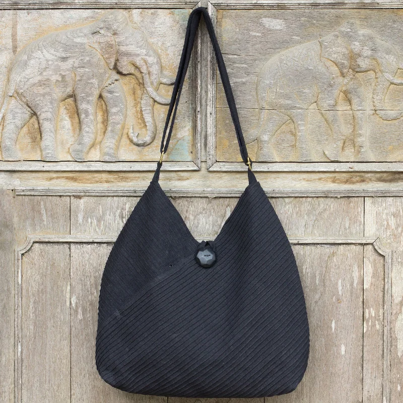 women's dumpling bag with button closure -Surreal Black Handcrafted Cotton Hobo Bag