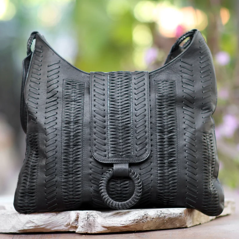 women's dumpling bag with rounded silhouette -Onyx Anyaman Patterned Leather Hobo Handbag in Onyx from Bali