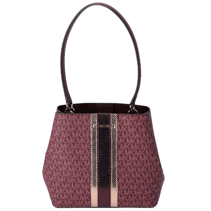 women's bucket bag with premium finish -Michael Kors Pratt Medium MK Logo Bucket Shoulder Bag Oxblood Multi Metallic