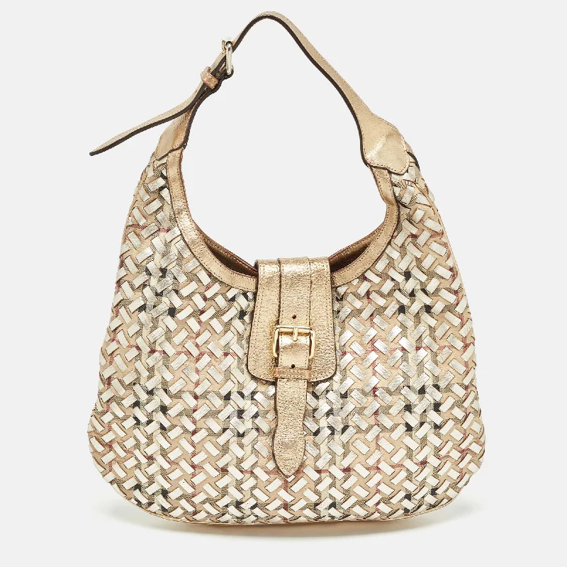 women's dumpling bag with easy-to-carry design -BURBERRY Gold/Beige Haymarket Check PVC and Leather Woven Brooke Hobo