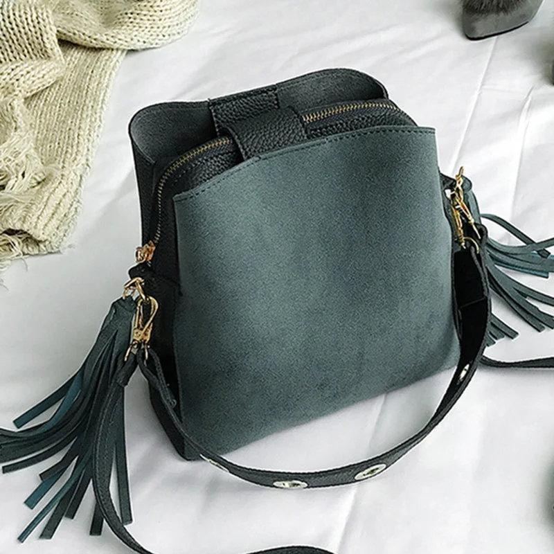 women's bucket bag with top opening -2019 Fashion Scrub Women Bucket Bag Vintage Tassel Messenger Bag High Quality Retro Shoulder Bag Simple Crossbody Bag Tote