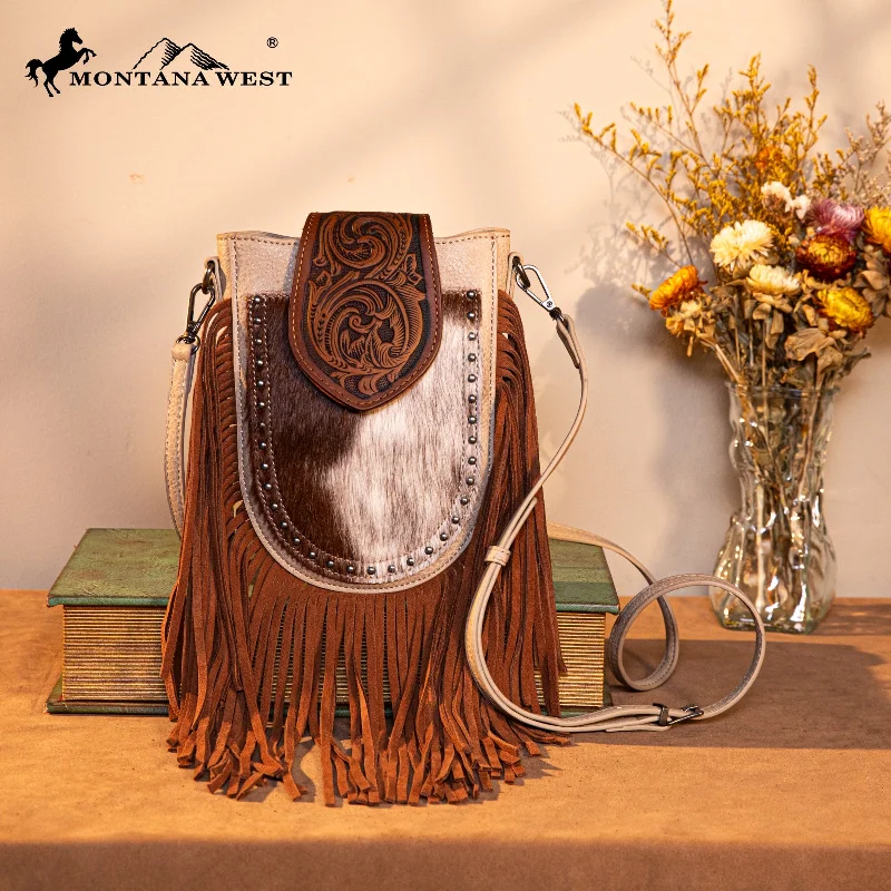 women's handbag with fold-over top -TR180-8360  Trinity Ranch Genuine Hair-On Cowhide Tooled Fringe  Crossbody Bag- Tan