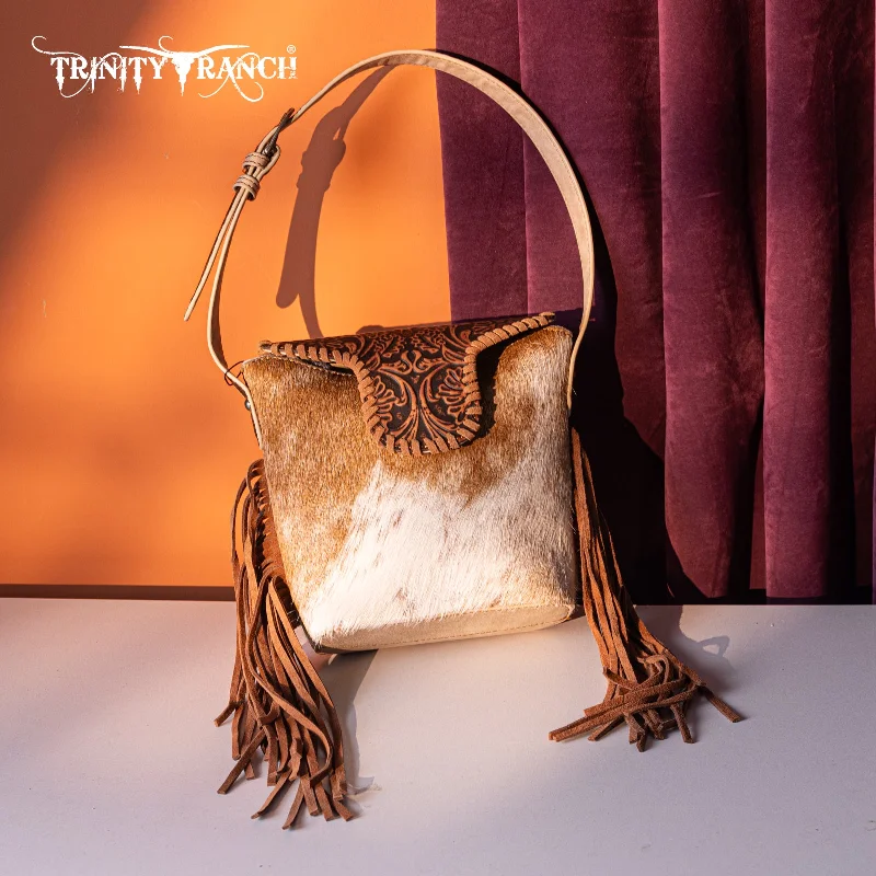 women's handbag with luxe finish -TR182-9181  Trinity Ranch Genuine Hair-On Cowhide Tooled Fringe Shoulder Bag- Tan