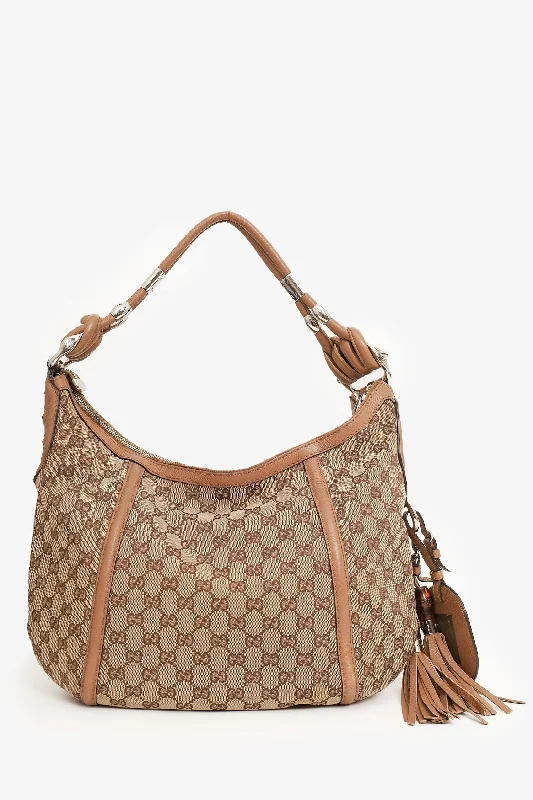 women's handbag with eye-catching design -Gucci Beige/Camel GG Canvas Medium Techno Horsebit Hobo Bag