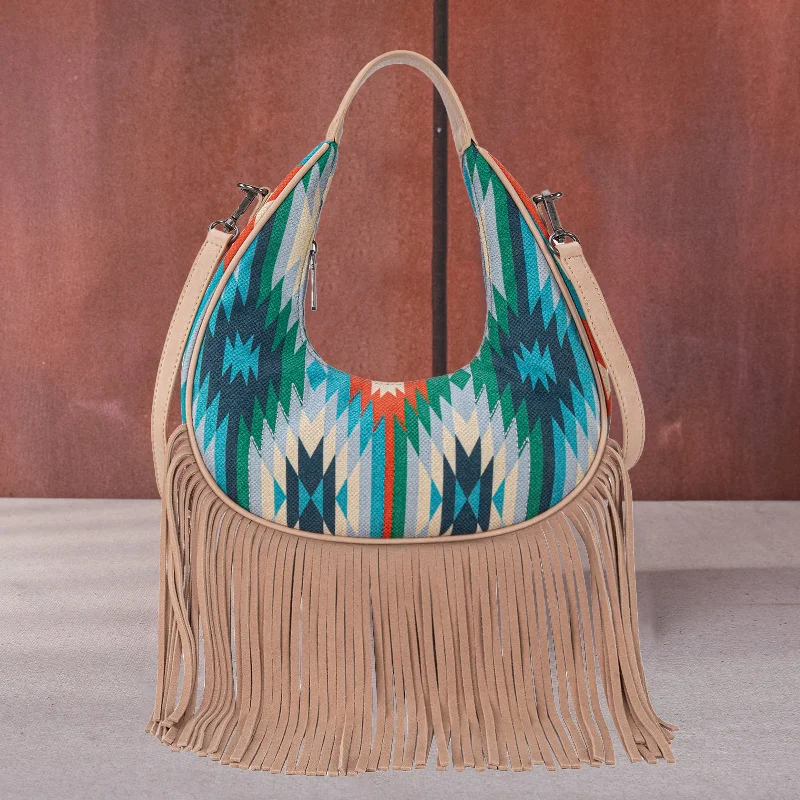 Ladies Crossbody Bag Fashion Design -MW1285-8366  Montana West Aztec Fringe Crescent Crossbody Bag - Turquoise